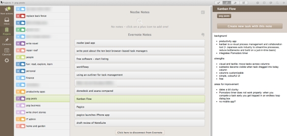 Nozbe version 1.8 lets you create a task from a note displayed in the 'attachments' view.