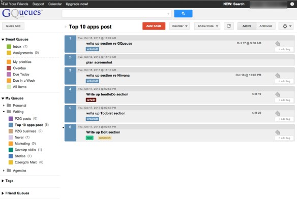 Queue = folder = project view. Sadly, my paid subscription has lapsed, so I can't show you task indentation. Just imagine a subtask, will you - thanks!