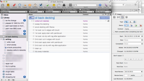 The project view in Omnifocus 1.10.4. Create simple lists or use the inspector to use the app's full power.