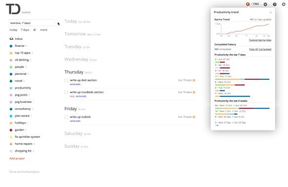 Todoist's seven-day view, with the project list on the left and the 'karma' productivity tracker on the right.