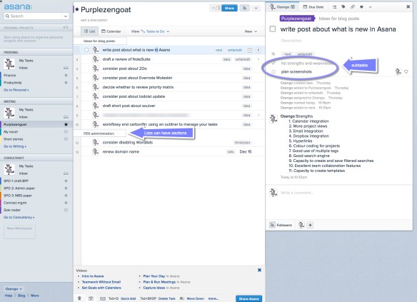 Asana's project view, with the navigation pane on the left and the task details pane on the right.