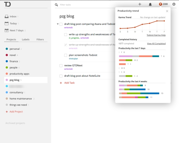 Todoist's project view, with the 'karma' productivity tracker tool.